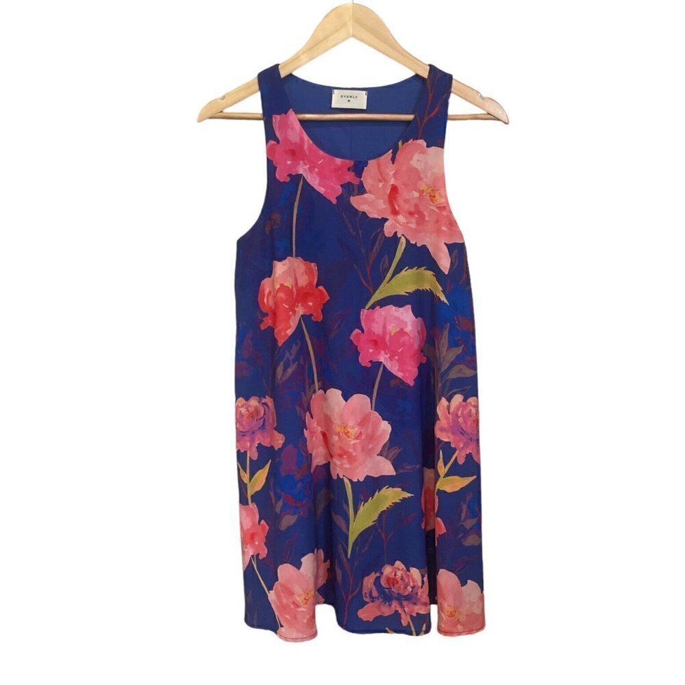 Everly Women Blue Casual Dress Small Pink Floral Spring Easter Sleeveless Slip